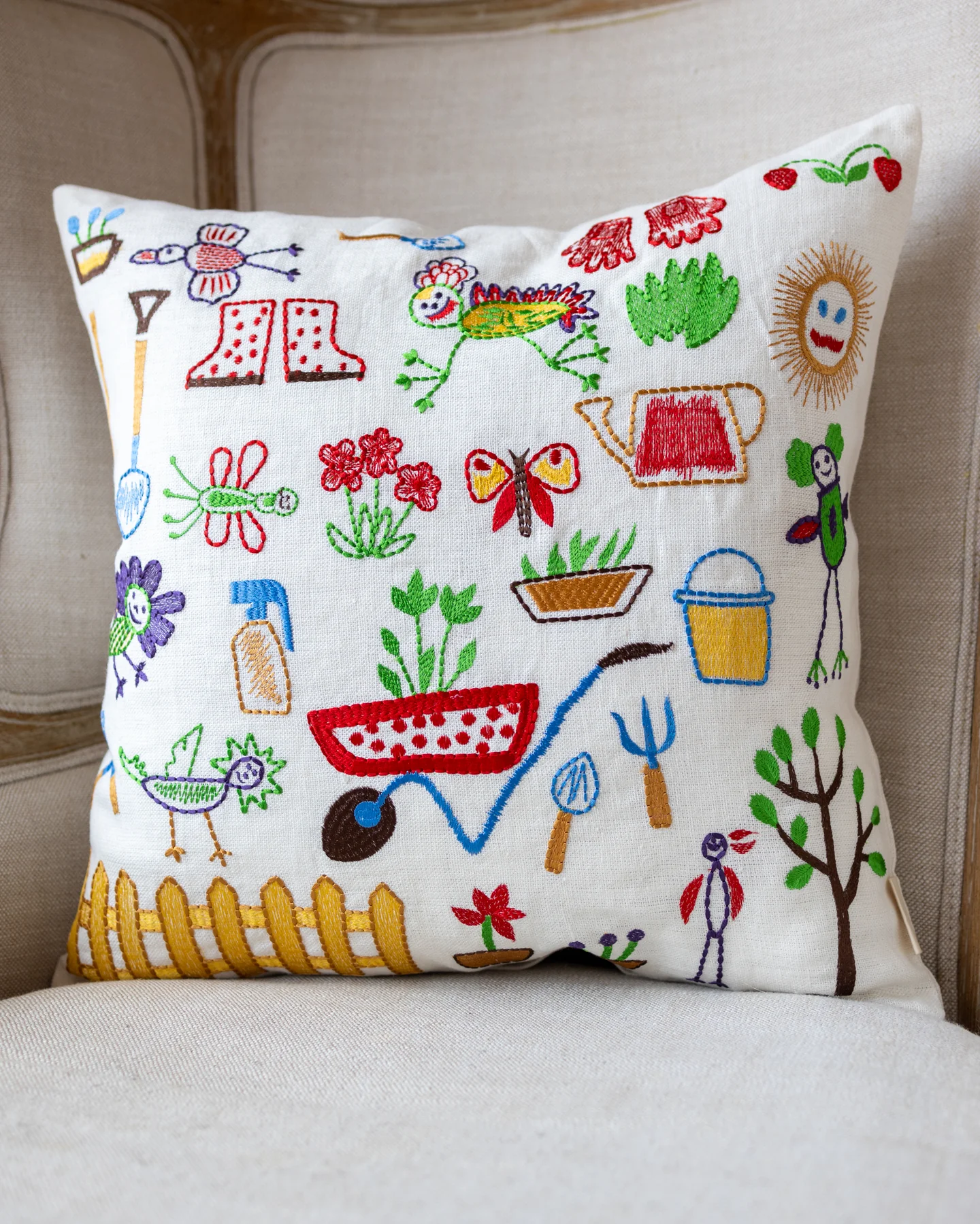 Dottie Colorful Kids Drawing Organic Linen Throw Pillow - Image 3
