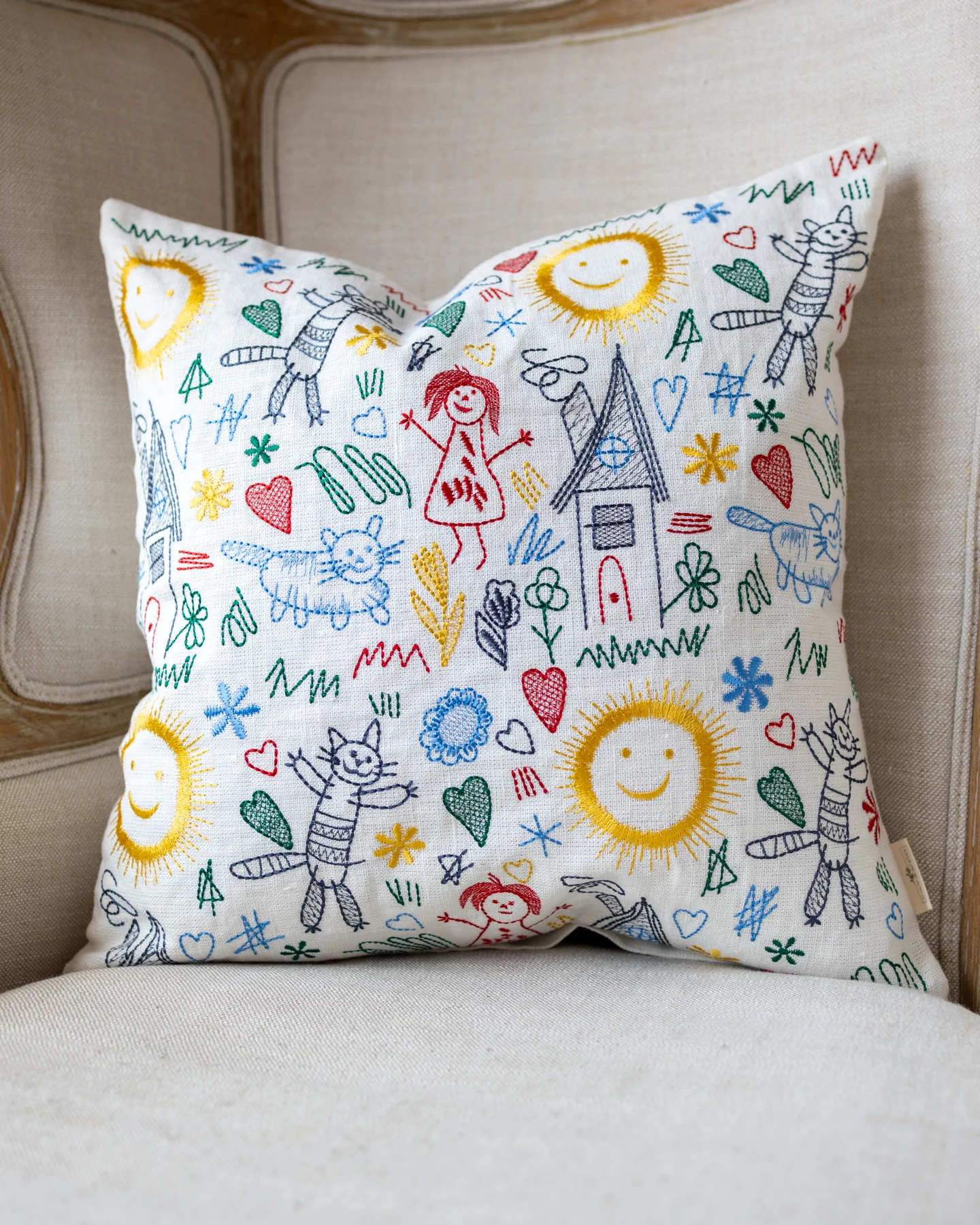Felix Colorful Kids Drawing Organic Linen Throw Pillow - Image 3