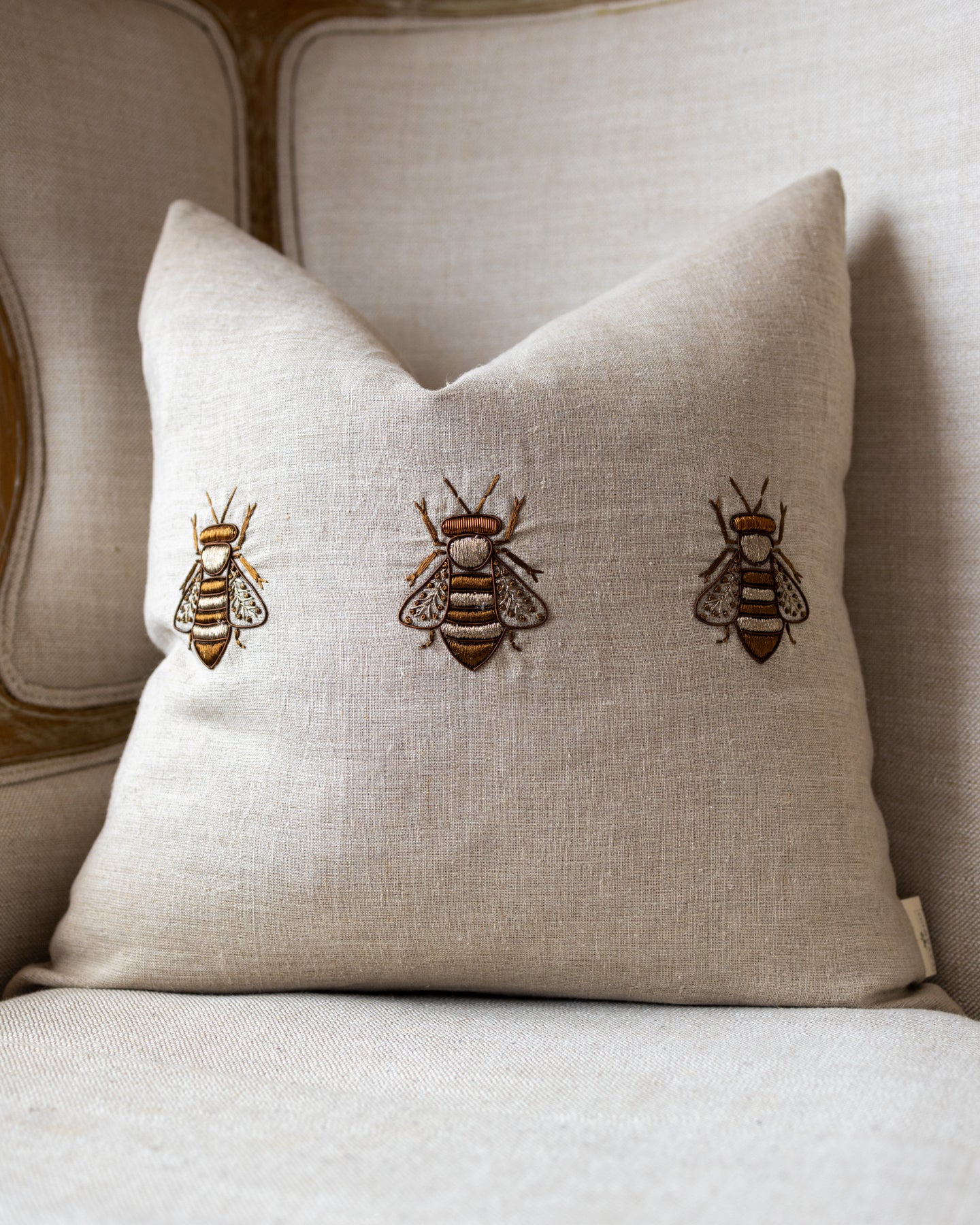Flynn Organic Linen Embroidered Bee Throw Pillow
