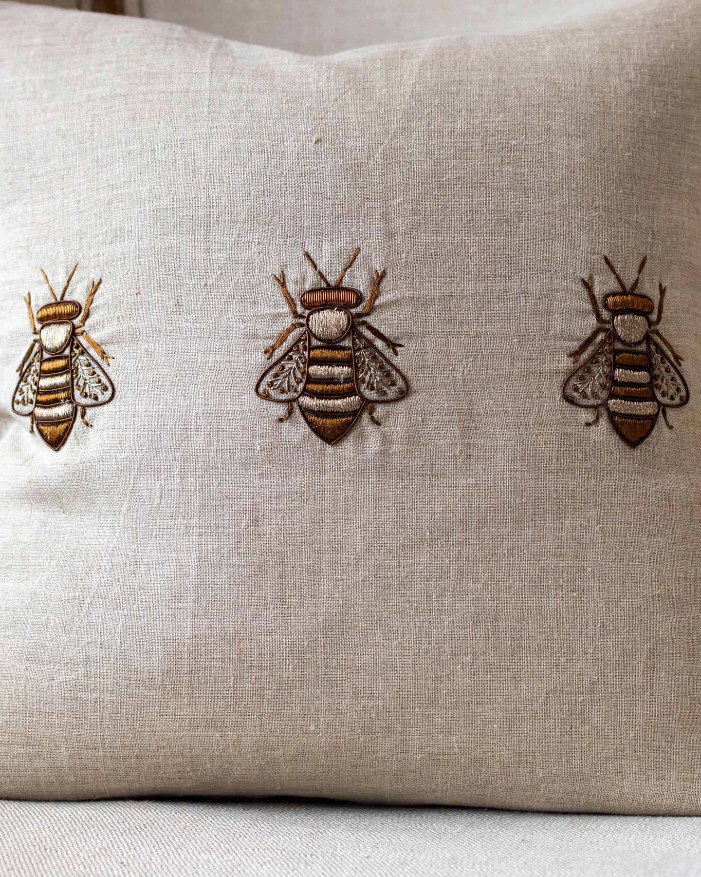 Flynn Organic Linen Embroidered Bee Throw Pillow - Image 2