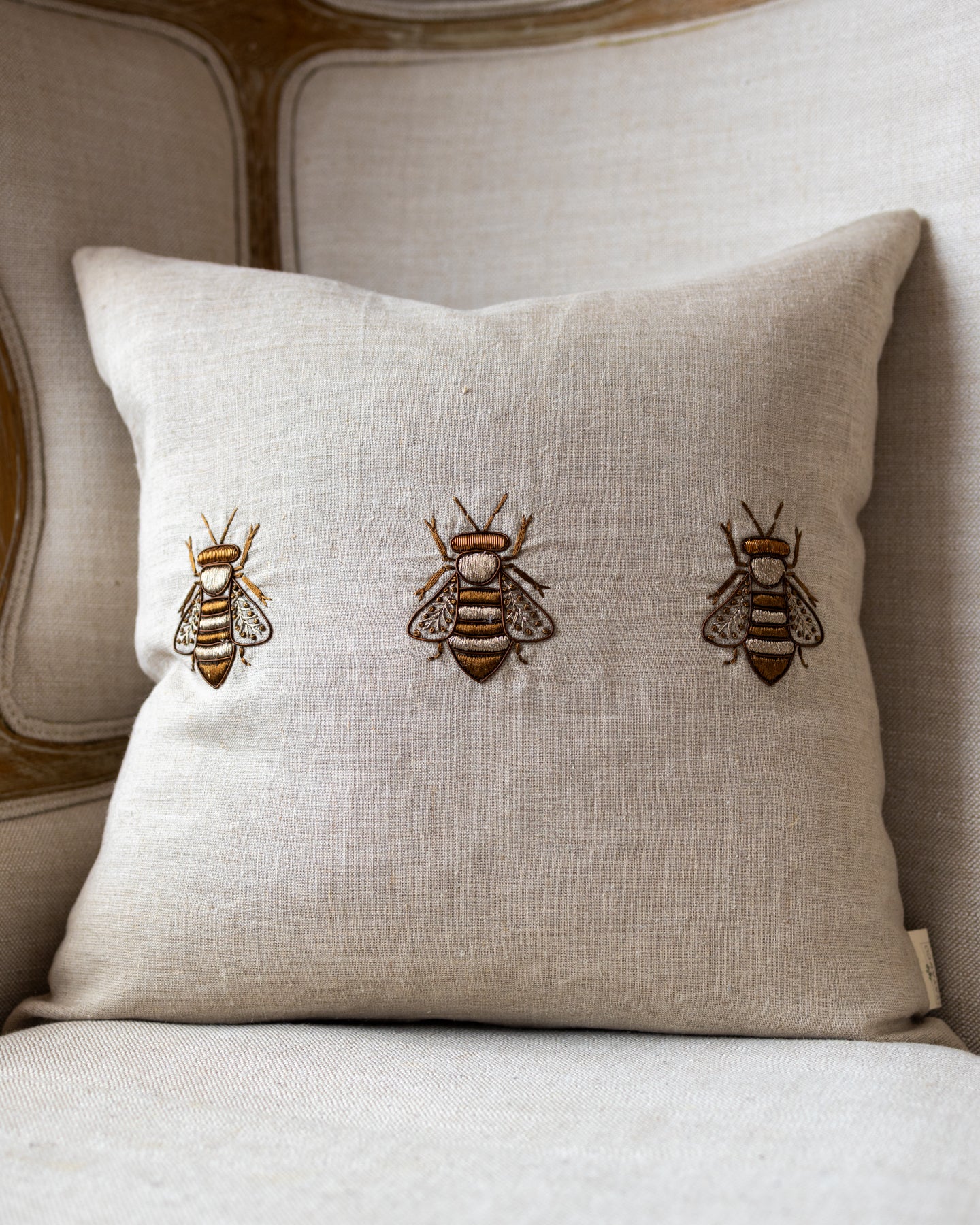 Flynn Organic Linen Embroidered Bee Throw Pillow - Image 3