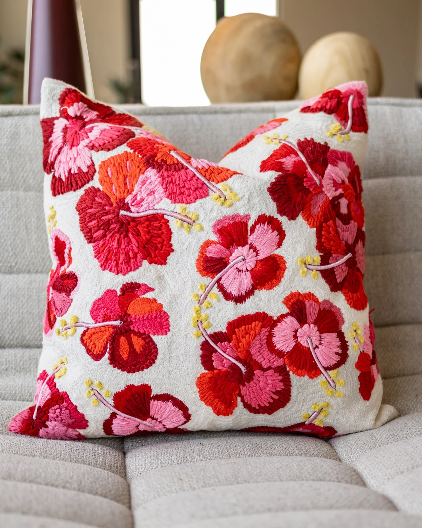 Haley Organic Cotton Embroidered Hibiscus Throw Pillow