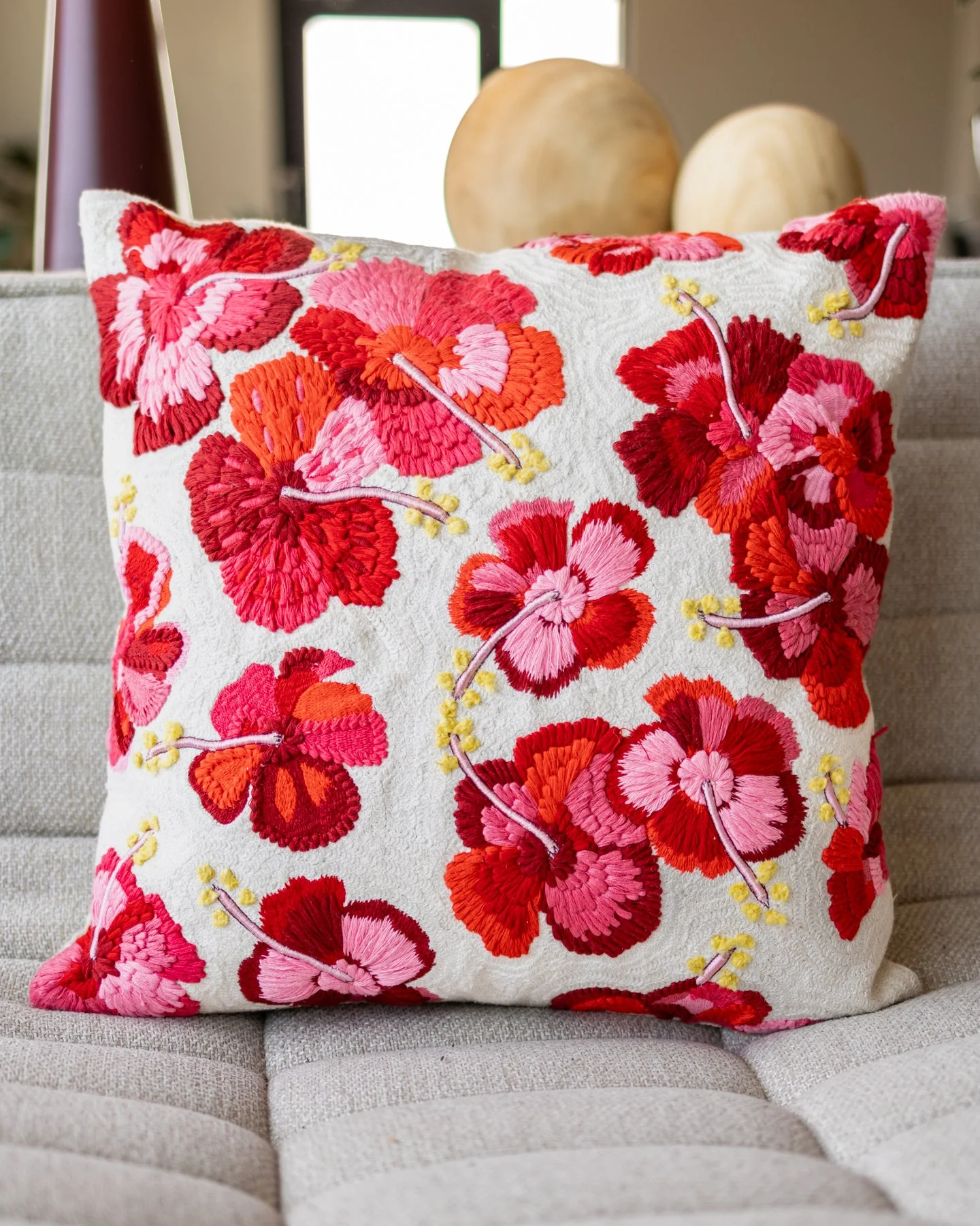 Haley Organic Cotton Embroidered Hibiscus Throw Pillow - Image 2