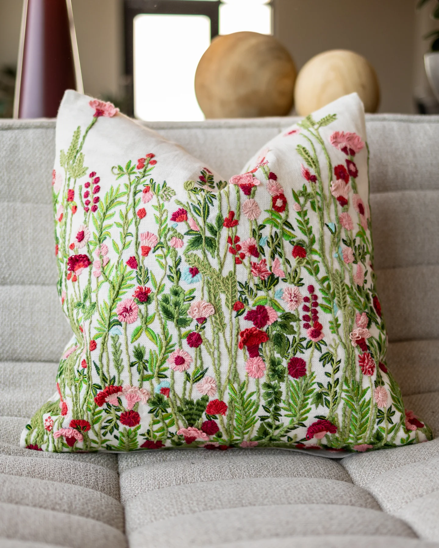 Jolene Organic Cotton Embroidered Floral Throw Pillow - Image 2