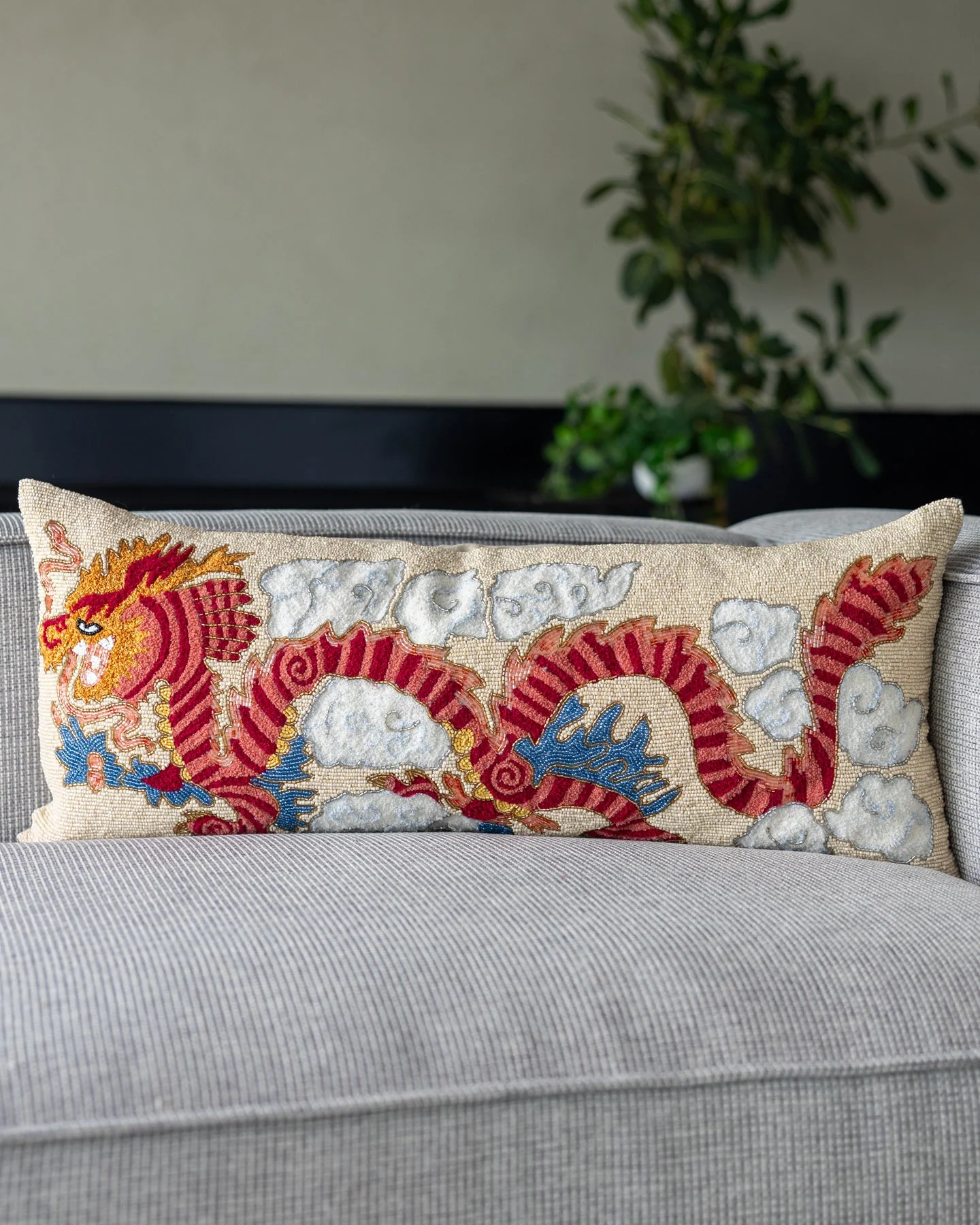 Kai Handmade Organic Cotton Beaded Dragon Lumbar Pillow