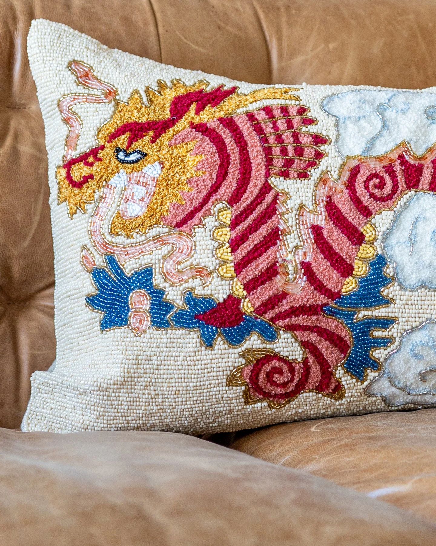 Kai Handmade Organic Cotton Beaded Dragon Lumbar Pillow - Image 2