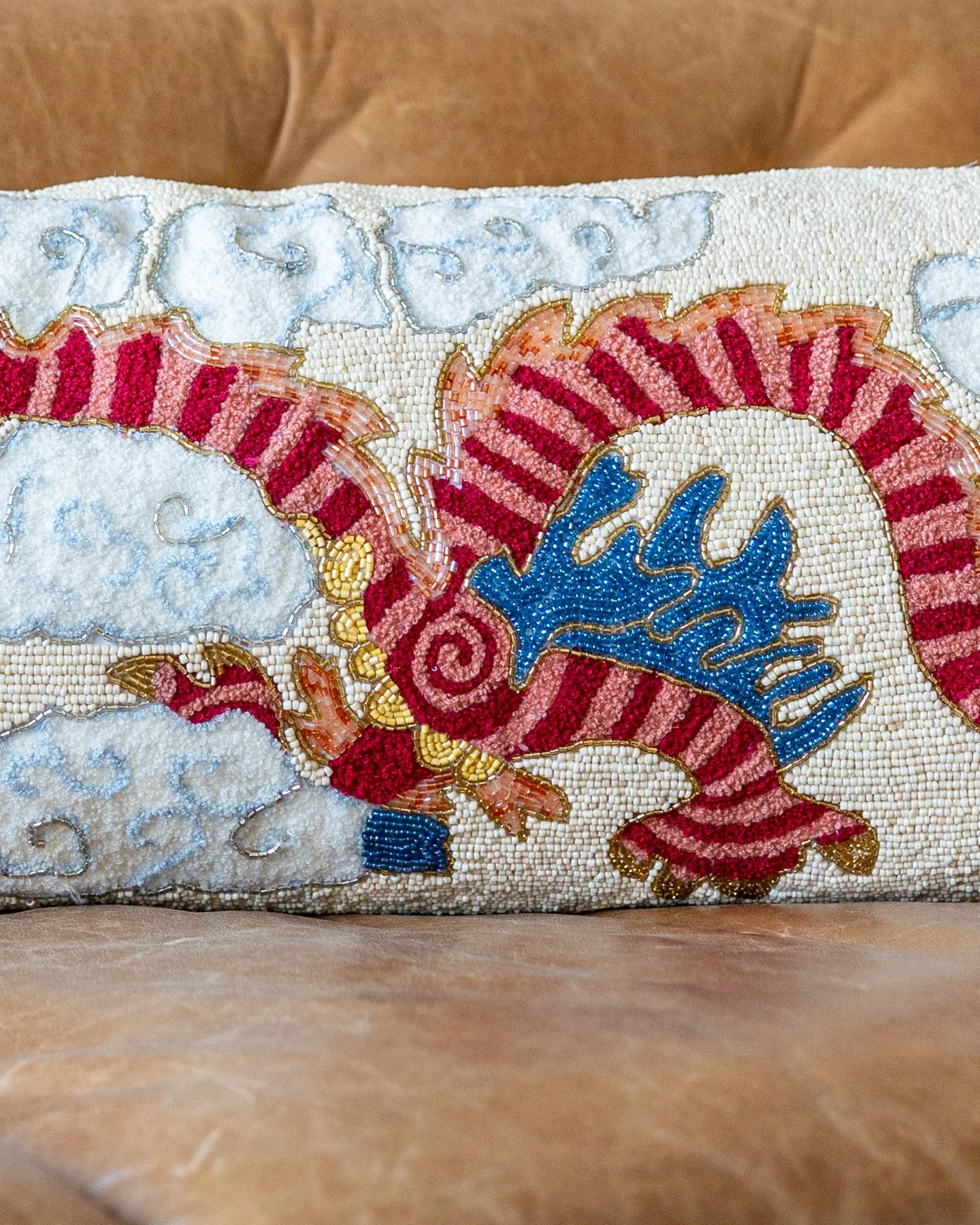 Kai Handmade Organic Cotton Beaded Dragon Lumbar Pillow - Image 3