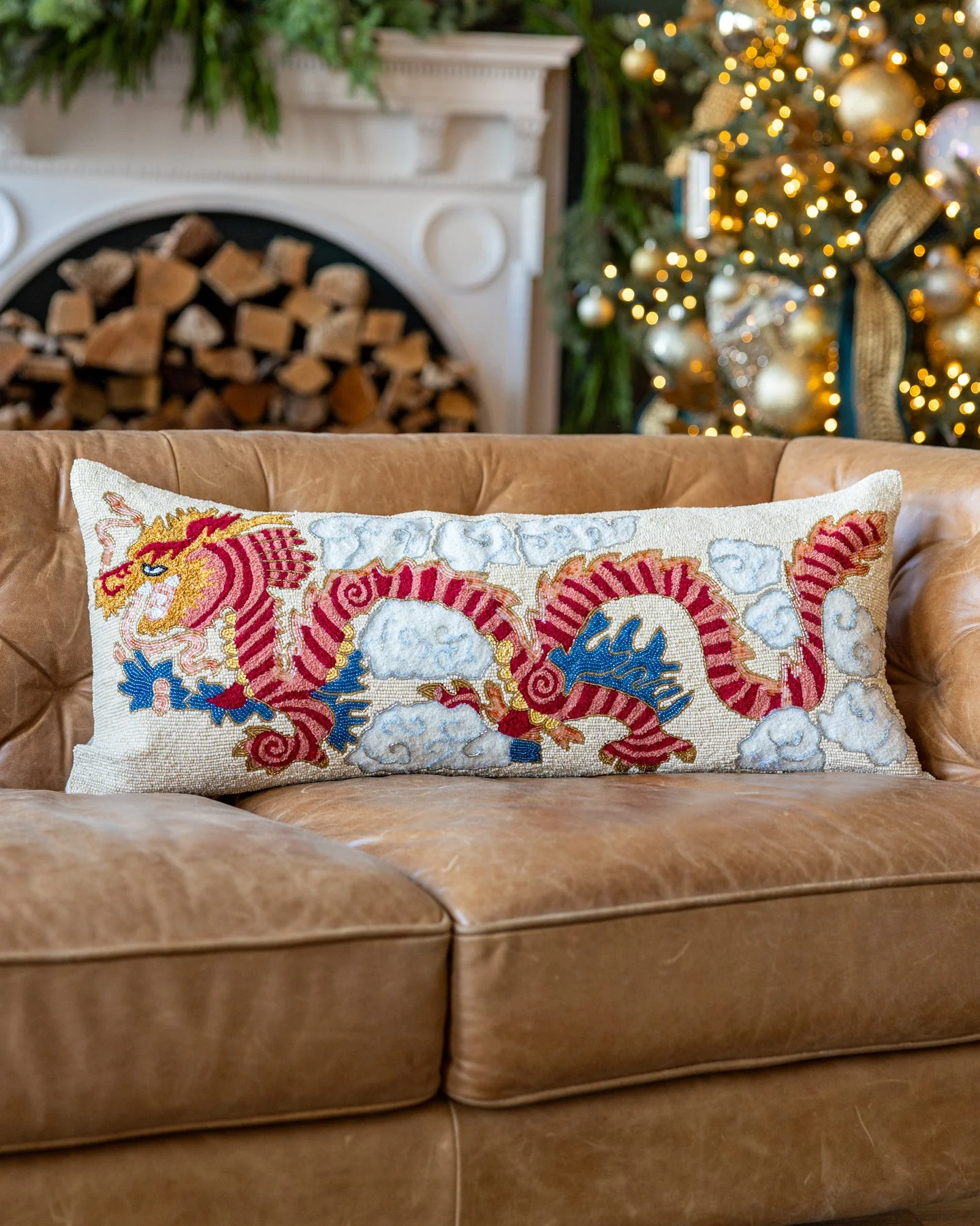 Kai Handmade Organic Cotton Beaded Dragon Lumbar Pillow - Image 4