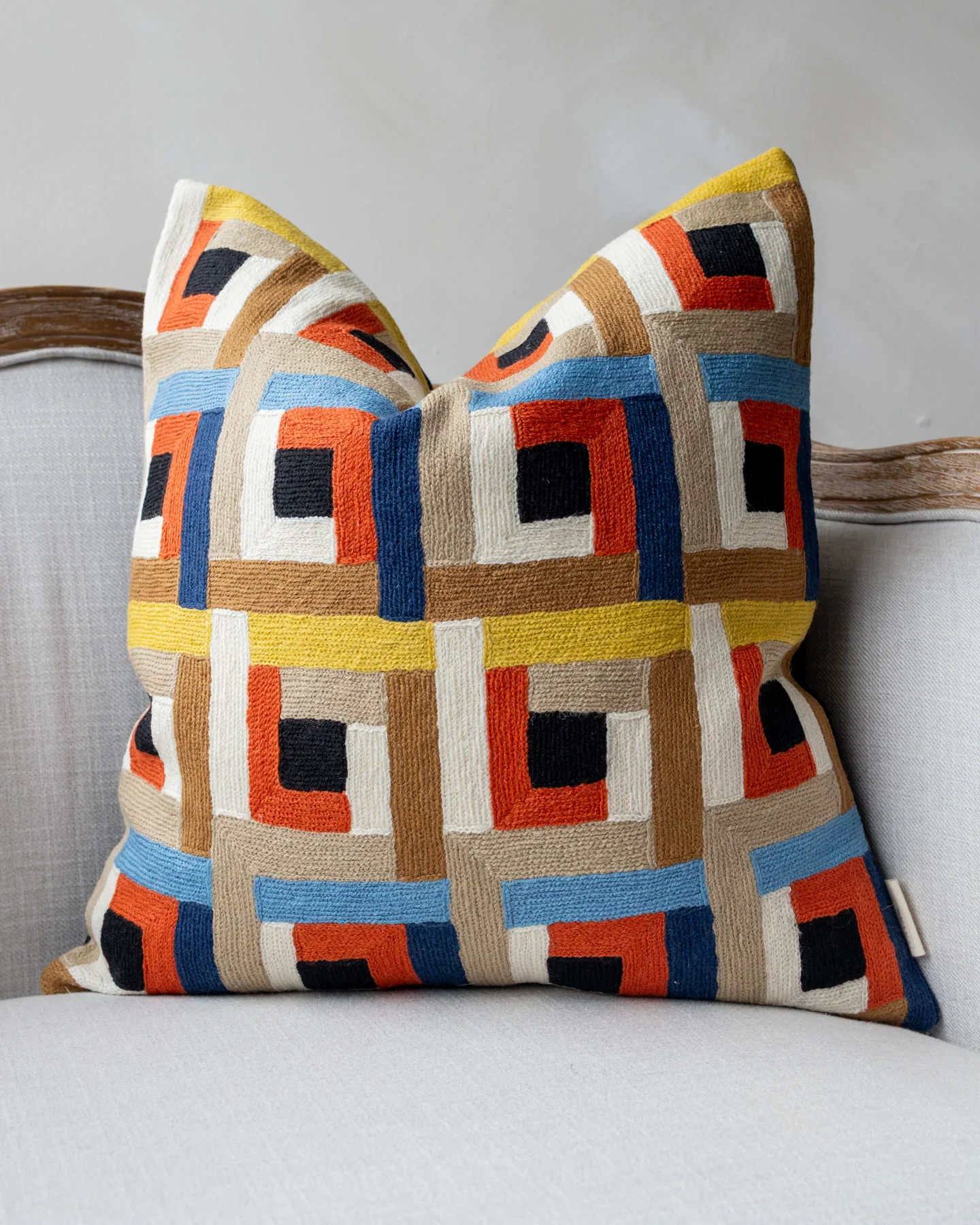 Lena Embroidered Organic Cotton Geometric Throw Pillow