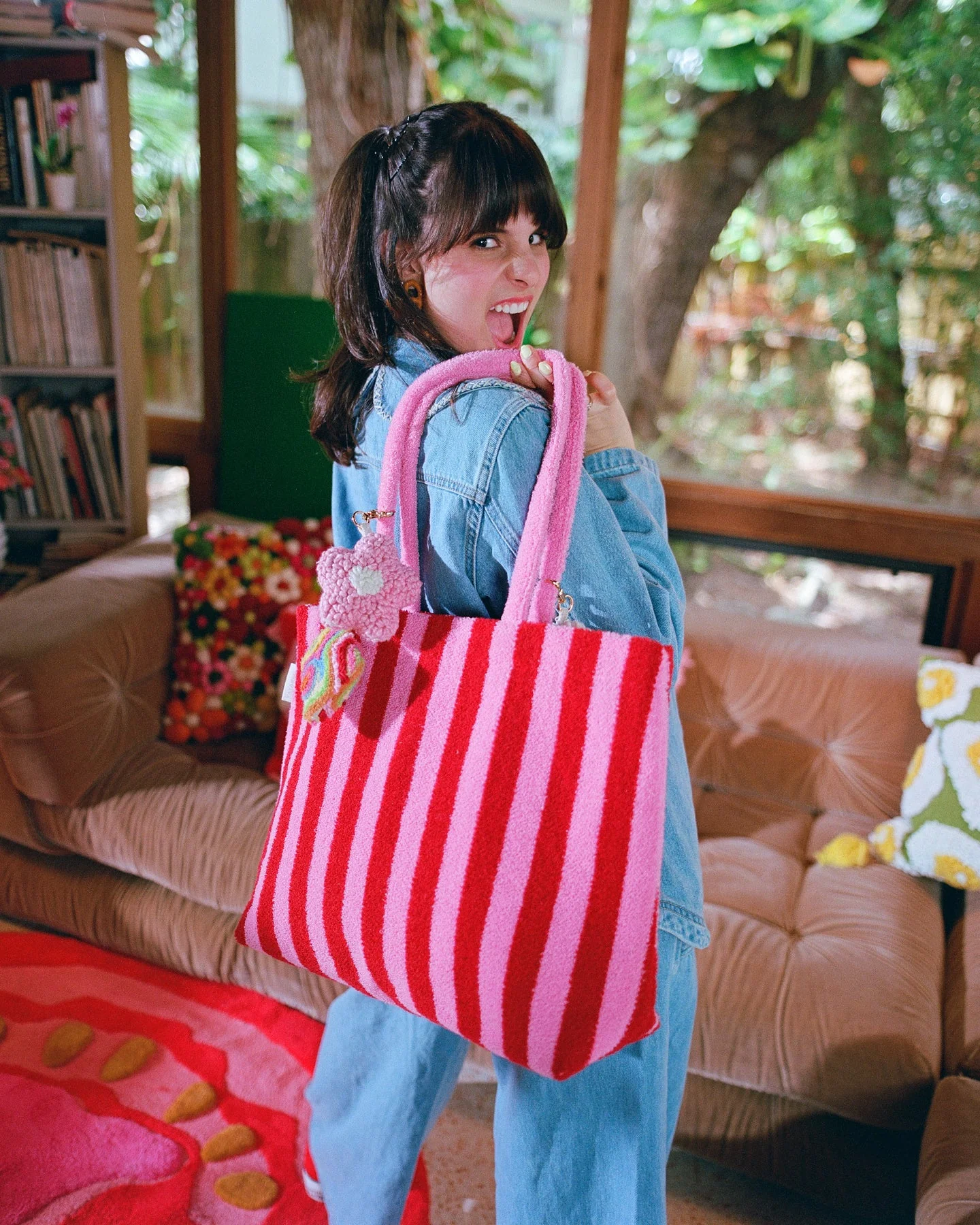 Lovers Striped Embroidered Tote Bag - Image 3