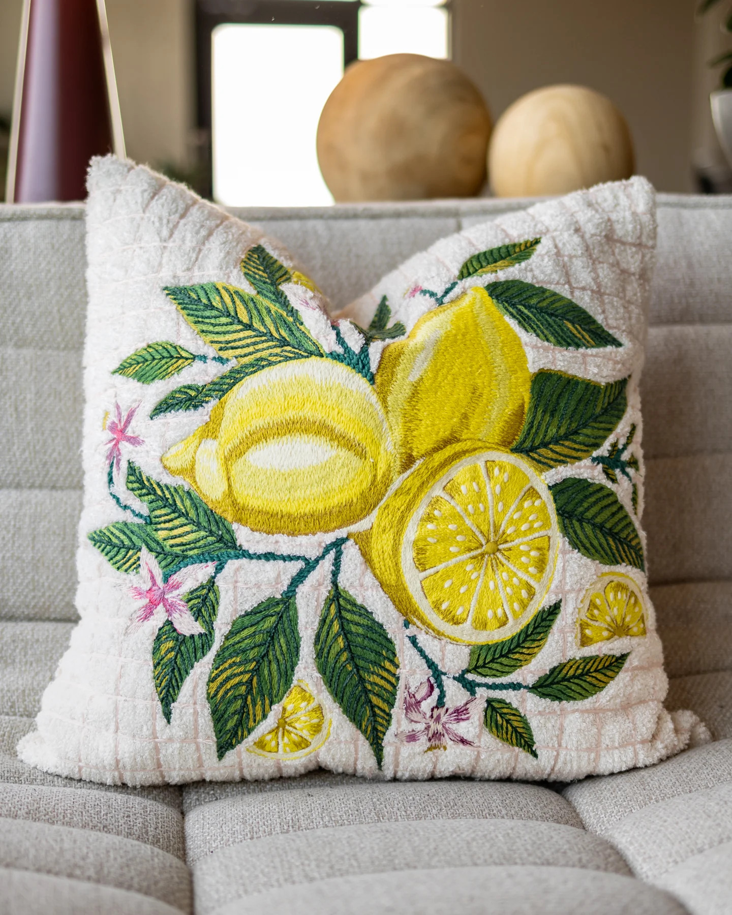 Martha Organic Cotton Lemon Embroidered Throw Pillow
