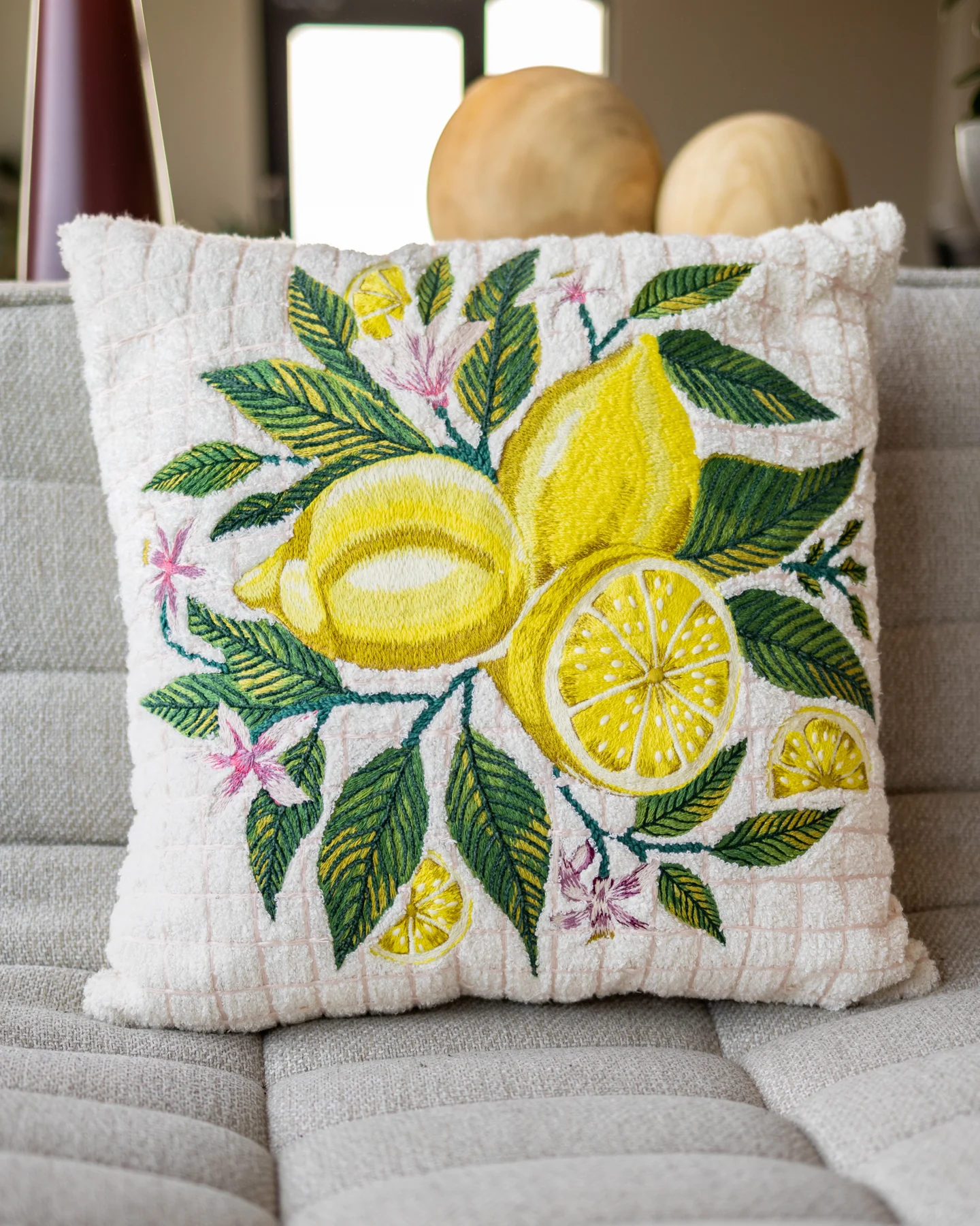 Martha Organic Cotton Lemon Embroidered Throw Pillow - Image 2