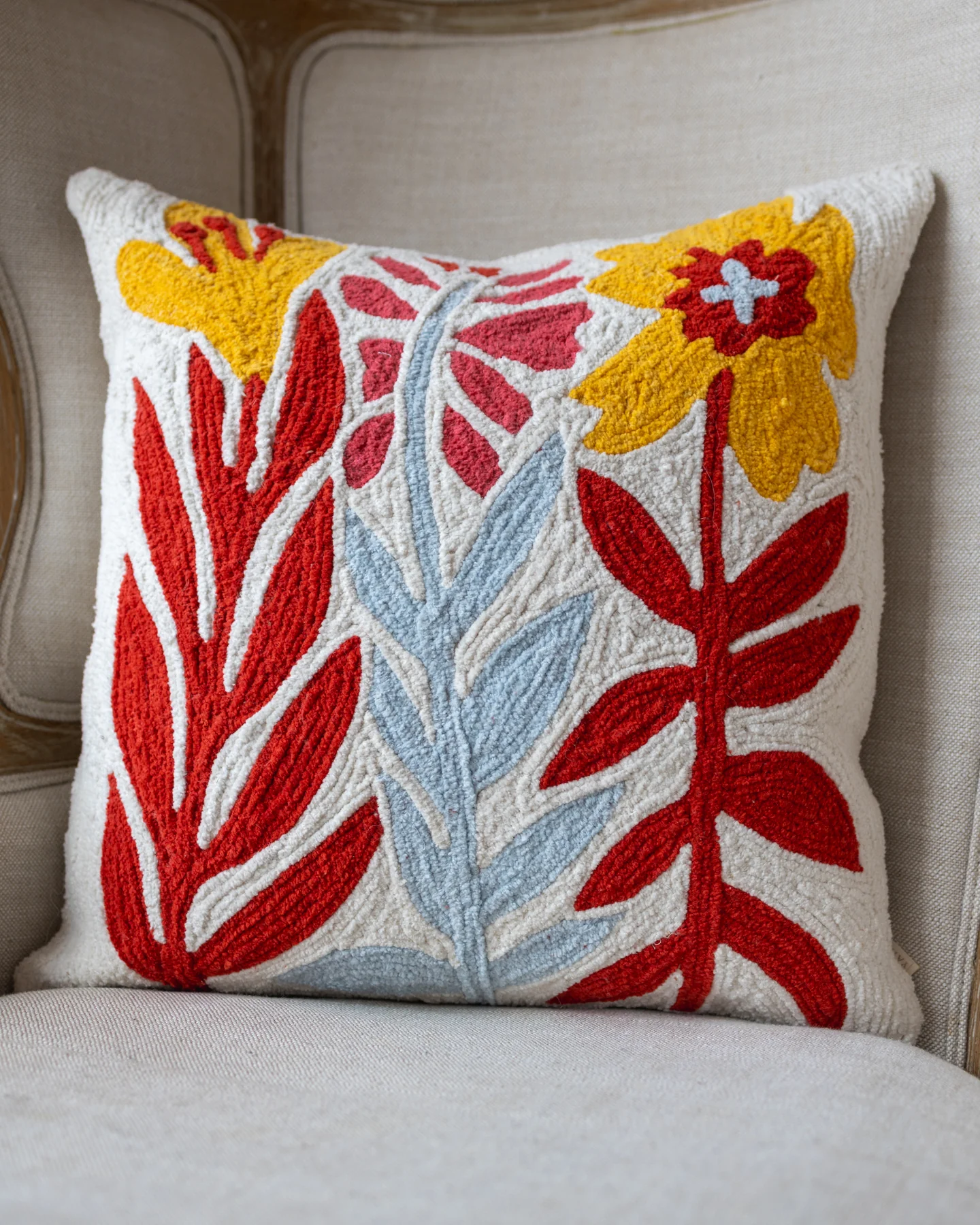 Nelle Embroidered Organic Cotton Botanical Throw Pillow