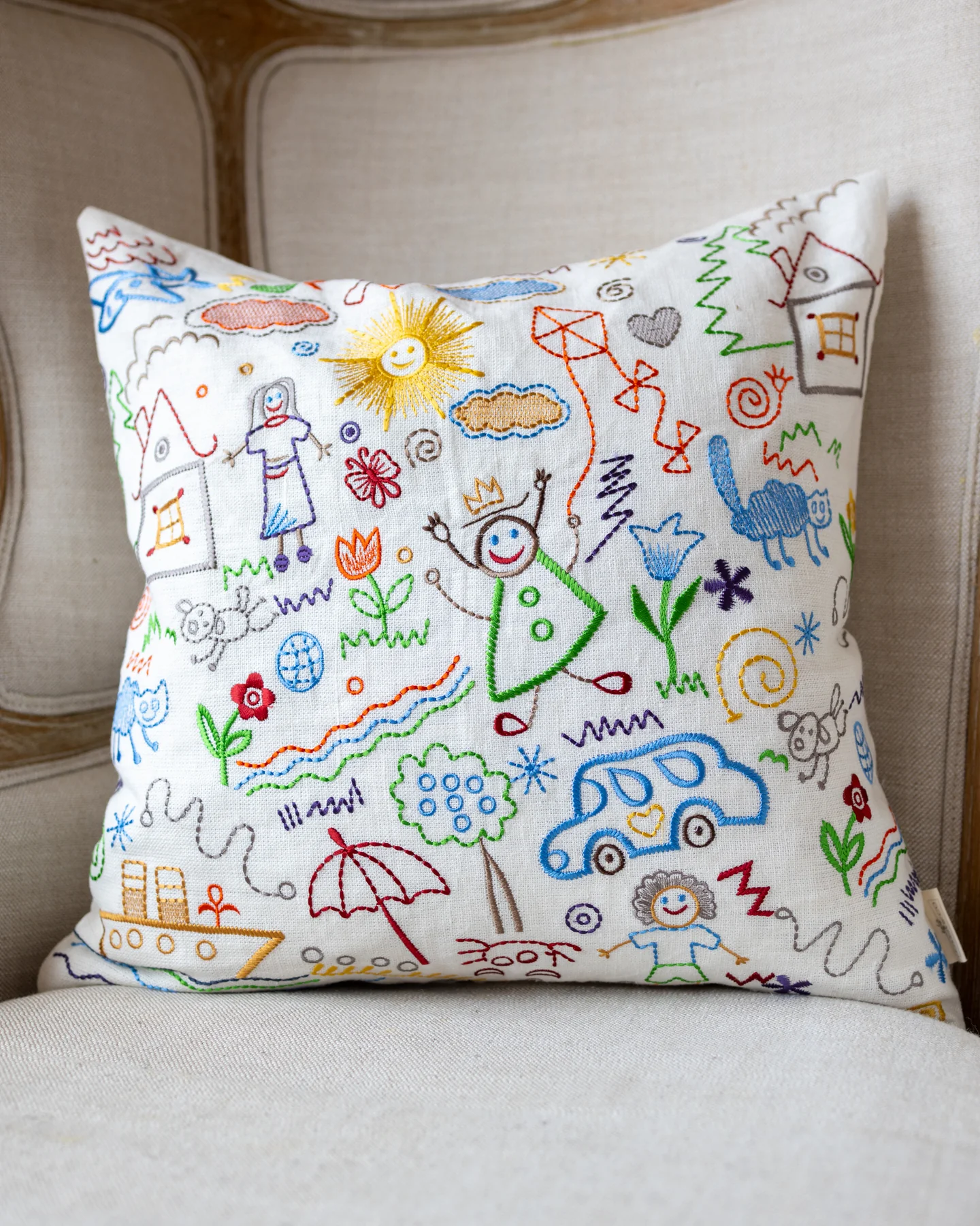 Pippi Colorful Kids Drawing Organic Linen Throw Pillow - Image 3