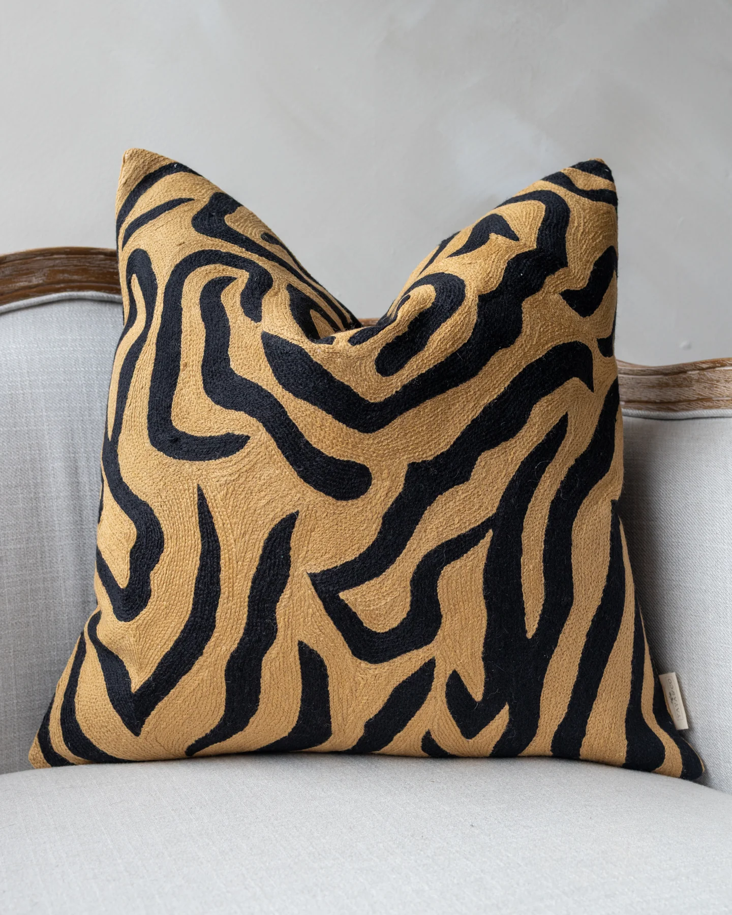 Rachel Embroidered Organic Cotton Tiger Stripe Throw Pillow
