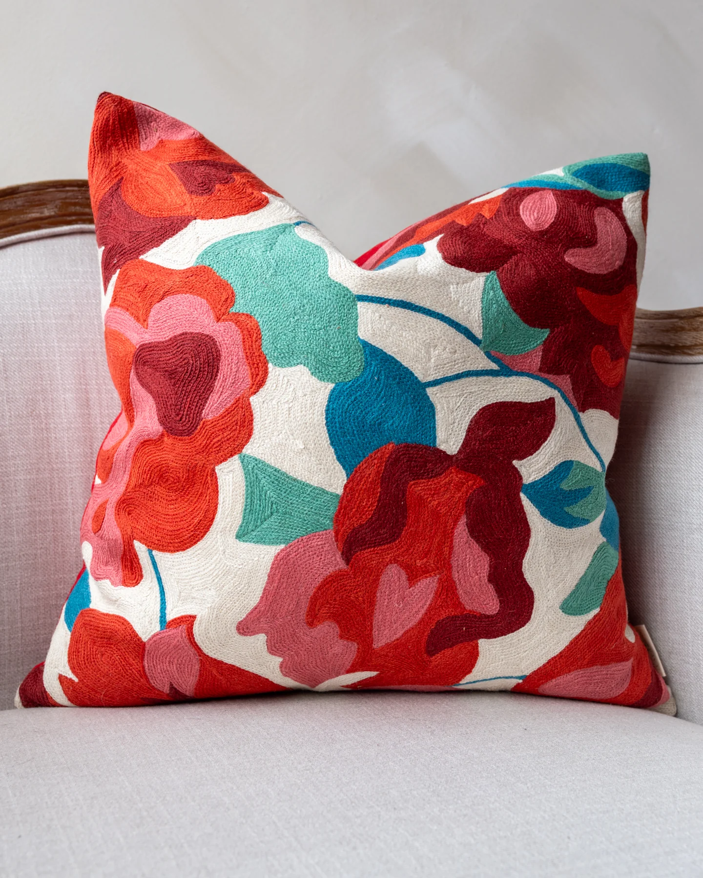 Samara Embroidered Organic Cotton Floral Throw Pillow