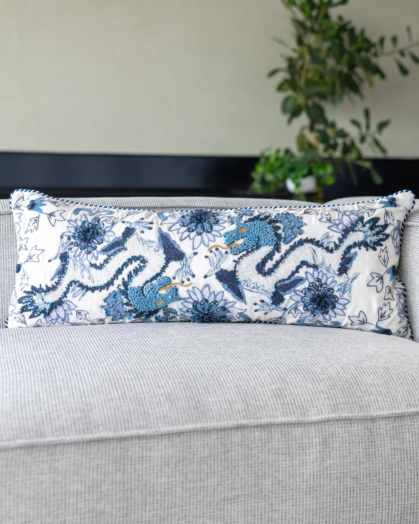 Sapphire Handmade Organic Cotton Velvet Dragon Lumbar Pillow