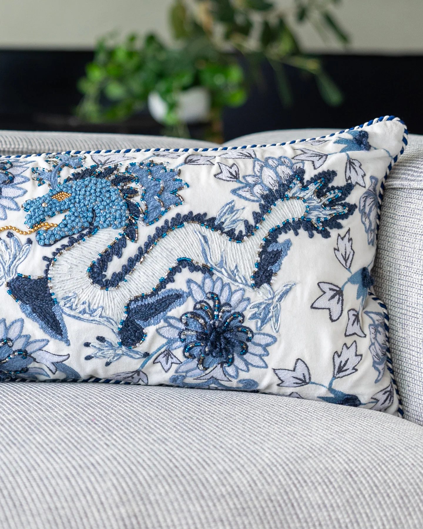 Sapphire Handmade Organic Cotton Velvet Dragon Lumbar Pillow - Image 2
